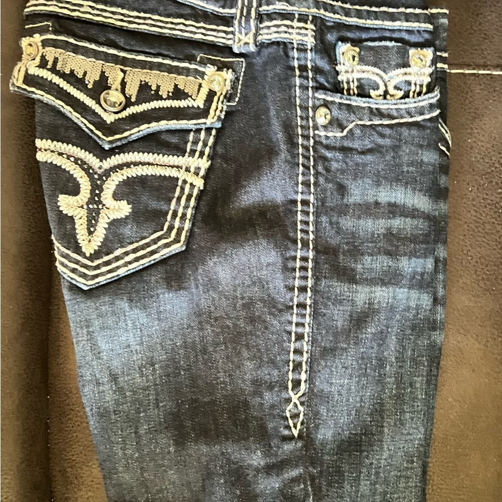 Rock Revival Dark Blue Jeans with White Stitching